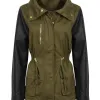 Women's Army Green Jacket with Black Leather Sleeves Women's Army Green Jacket with Black Leather Sleeves