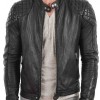 Men's Quilted Shoulder Design Snap Tab Collar Black Leather Jacket Men's Quilted Shoulder Design Snap Tab Collar Black Leather Jacket