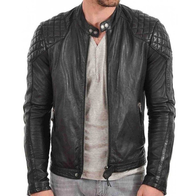 Men's Quilted Shoulder Design Snap Tab Collar Black Leather Jacket Men's Quilted Shoulder Design Snap Tab Collar Black Leather Jacket