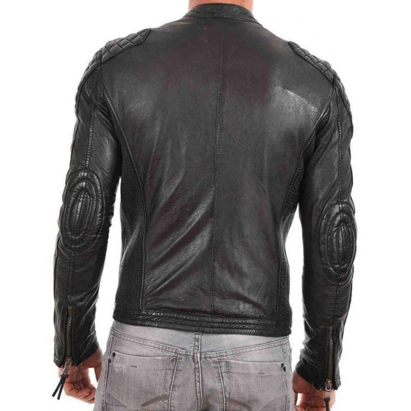 Men's Quilted Shoulder Design Snap Tab Collar Black Leather Jacket Men's Quilted Shoulder Design Snap Tab Collar Black Leather Jacket